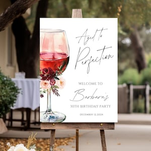 Aged To Perfection Birthday Sign Wine Theme, 40th 50th 60th 70th or Any Age Welcome Birthday Banner Editable Party Decor Canva Template, 97