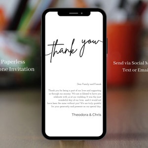 Plantilla de tarjeta de agradecimiento electrónica, descarga digital, tarjeta electrónica de agradecimiento de boda elegante digital, teléfono minimalista nota de texto de agradecimiento, Theo 02