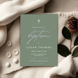 Baptism Invitation Template Boy or Girl Digital download, Sage Green Christening Invite, Minimalist Baptism Invitation Ids, Lucas 009