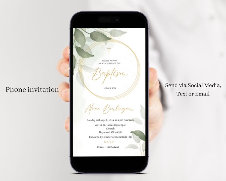 Electronic Baptism Invitation Template Boy Greenery Leaves Etsy