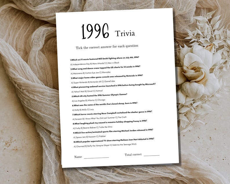 May include: A white trivia game sheet with the year 1996 at the top. The sheet includes trivia questions about movies, music, video games, and more. The sheet is on a beige background.