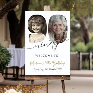 Letrero de bienvenida con foto de 90 cumpleaños para hombres o mujeres, pancarta de fiesta de descarga digital para ella/él, póster de 90 cumpleaños editable e imprimible 94
