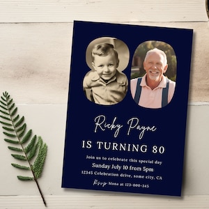 Faire-part 80e anniversaire pour homme avec photo, invitations à une fête pour adultes, invitation 80e anniversaire pour homme, modifiable, imprimable invitation pour lui