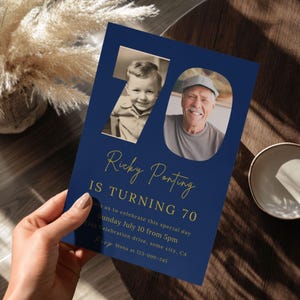 Invito per il 70° compleanno maschile con foto, invito blu navy e oro per uomini, download digitale, modello modificabile e stampabile. Telefono o SMS 149