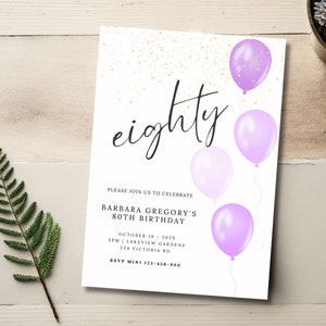 Faire-part 80e anniversaire, faire-part 80e anniversaire pour femmes, carte d'invitation d'anniversaire adulte modifiable, invitation d'anniversaire violet imprimable, 100