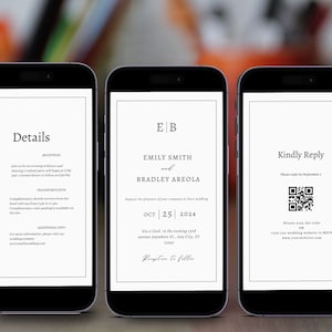May include: Three smartphone screens showing a wedding invitation with the couple's names, Emily Smith and Bradley Areola, the date October 25, 2024, and the time six o'clock in the evening. The invitation also includes details about the reception, transportation, and a QR code for RSVP.