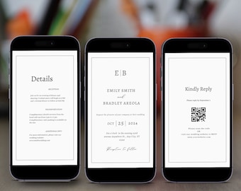 Elektronische Hochzeitseinladungsvorlage mit Antwort-QR-Code & Details, minimalistische Hochzeitseinladung Text, digitale Smartphone-Einladung Emma 15