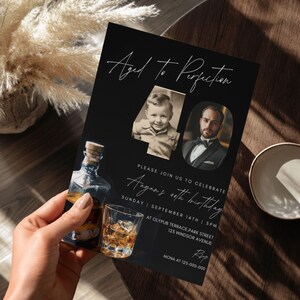 May include: Black and white birthday invitation with a photo of a young boy and a man. The invitation says "Aged to Perfection" and "Please join us to celebrate [name]'s 40th birthday".