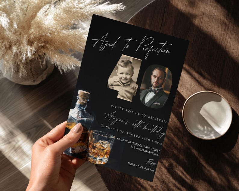 May include: Black and white birthday invitation with a photo of a young boy and a man. The invitation says "Aged to Perfection" and "Please join us to celebrate [name]'s 40th birthday".