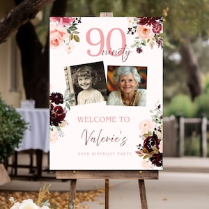 Floral 90e anniversaire photo signe de bienvenue bourgogne roses roses bannière de fête pour les femmes, affiche modifiable et imprimable modèle canva numérique 128
