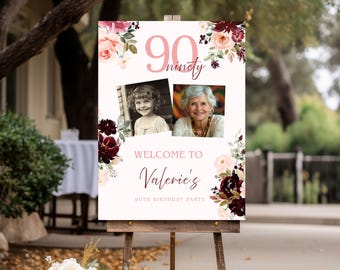 Cartel de bienvenida floral para 90 cumpleaños, rosas burdeos, collage de fotos (plantilla digital de Canva) - 128