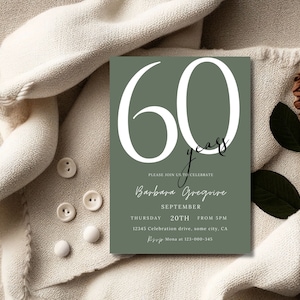 Faire-part 60e anniversaire, modèle d'invitation d'anniversaire vert sauge, carte d'invitation d'anniversaire adulte, invitation 60e anniversaire, imprimable ou texte 113