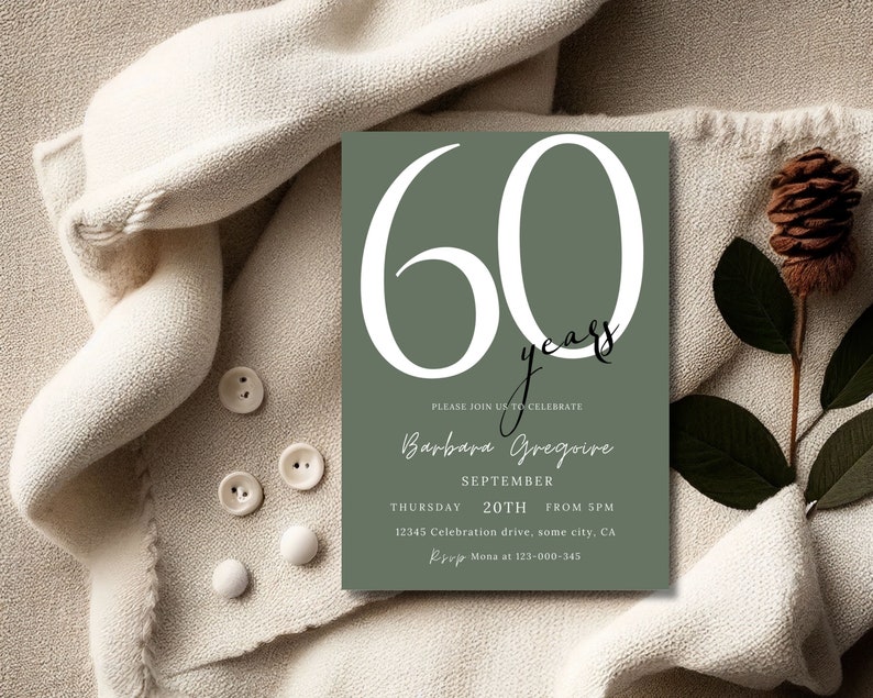 60th Birthday Invitation, Sage Green Birthday Invitation Template,Adult Birthday Invitation Card,60th Birthday Invite, Printable or Text 113 image 1
