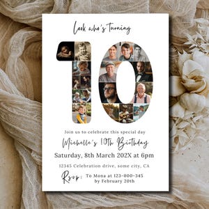 Modèle de collage photo 10e anniversaire sur toile, Faire-parts 10e anniversaire garçon ou fille en téléchargement numérique, carte d'anniversaire pour enfants, imprimable ou texte 04