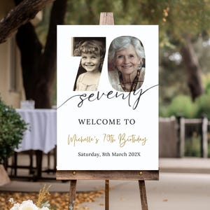 Letrero de bienvenida con foto para el 70.° cumpleaños para hombres o mujeres, pancarta de fiesta con descarga digital para él o ella, plantilla de póster editable e imprimible en Canva 92