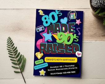 Editable 80's Party Invite, 80's Made 90's Raised Theme Invitation,Throwback Retro Birthday Invite Digital, 40th Birthday Party, Canva 138