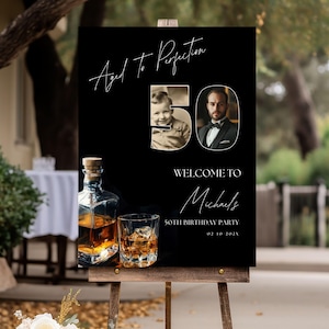 Aged To Perfection Photo 50th Birthday Sign Black, Whiskey Glass Welcome Birthday Banner Editable & Printable Party Decor Canva Template 132