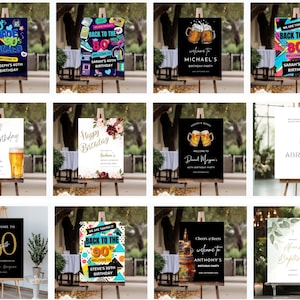 May include: A collection of 10 welcome signs for different events, including birthdays, baptisms, and parties. The signs feature various themes, such as 80s, 90s, and beer-themed designs. Some signs have colorful graphics, while others have a more minimalist style.