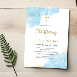 Modèle d'invitation de baptême moderne pour garçons modifiable aquarelle bleu garçon inviter baptême carte imprimable en téléchargement numérique