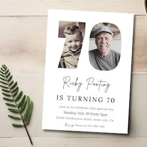 Puede incluir: Una tarjeta de invitación blanca con texto negro anunciando la fiesta de cumpleaños número 70 de Ricky Ponting. La tarjeta presenta dos fotos de Ricky a diferentes edades, una de niño y otra de adulto. El texto dice "Ricky Ponting cumple 70 años. Únase a nosotros para celebrar este día especial Domingo 10 de julio a partir de las 5 pm 12345 Celebration drive, some city, CA RSVP Mona al 123-000-345"