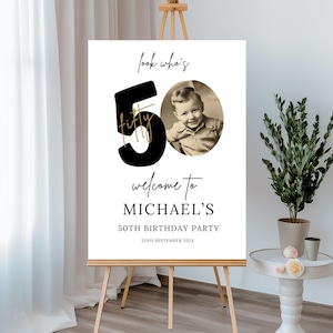 Letrero de 50 cumpleaños, descarga digital, tablero de bienvenida con foto para hombres o mujeres, pancarta de bienvenida editable e imprimible, letrero para jardín, póster Canva 107