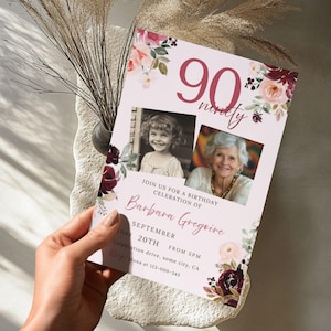 Bloemen 90e verjaardagsuitnodigingen met foto 90e verjaardag uitnodigen digitale download, mannen of vrouwen, bewerkbare afdrukbare kaart Canva-sjabloon 215