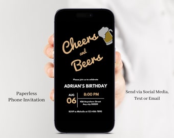 Electronic Adult Birthday Invitation Template For Men, Cheers and Beers invite, Surprise party for 40th, 50th, 60th,70th Birthday, Canva 008