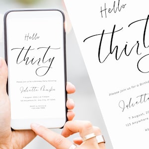 Hello Thirty Minimalist Birthday Party Digital Invite, Adult Birthday Invitation for men or women, 30th, 40th, 50th, 60th birthday, 010