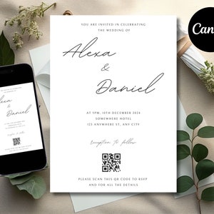 Wedding Invitation With QR code RSVP, Minimalist Wedding Invitation Template Canva, Calligraphy, Editable Invite on Canva, Download 002
