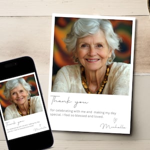 Geburtstag Danke Foto Kartenvorlage, digitaler Download, Hochzeit Dankeschön Notiz, Printable oder Telefon Textnachricht Canva Vorlage bearbeitbar 01