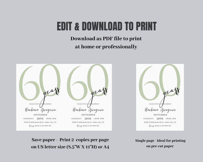 Elegant 60th Birthday Invitation Template, Printable Invite (digital ...