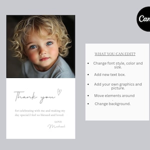 May include: A digital thank you card design featuring a child's portrait and the words "Thank you" in elegant script. The card includes editable elements, such as font style, color, and graphics, with a Canva logo in the corner.