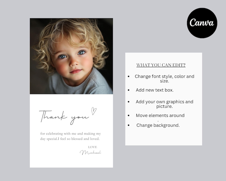 May include: A digital thank you card design featuring a child's portrait and the words "Thank you" in elegant script. The card includes editable elements, such as font style, color, and graphics, with a Canva logo in the corner.