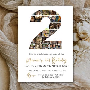 Collage de photos d'invitation 2e anniversaire, garçon ou fille de 2 ans, invitation en téléchargement numérique, carte d'invitation fête d'anniversaire pour enfants, imprimable ou texte 75