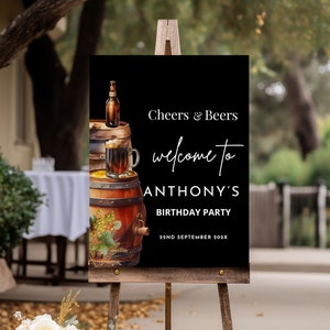 Birthday Welcome Sign Template, Editable Cheers & Beers Party Sign For Men, Printable Beer Birthday Party Poster For Adult Birthday Canva 04