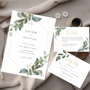 Greenery Gold Wedding Invitation Suite, Printable Template with RSVP & Details Card, Editable Digital Download,Modern Wedding Invites 013