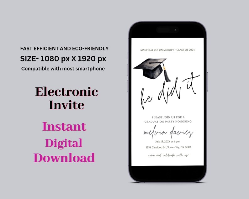 Digital Graduation Invitation Template, Digital Download, Simple Modern ...