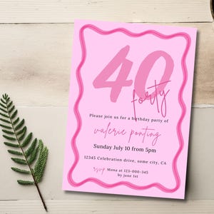Pink Wavy Border Birthday Invitation, 30th 40th 50th or Any Age Birthday Invite For Women, Editable & Printable, Digital Template Canva 172