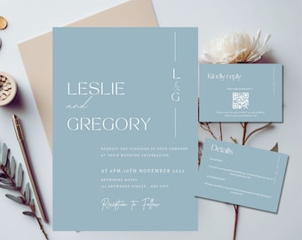 Dusty Blue Wedding Invitation Suite, Monogram Wedding Invitation with QR Code, Minimal Wedding Invitation set with rsvp, Modern template 010