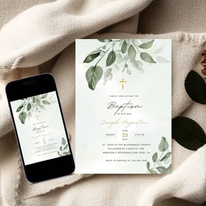 May include: A baptism invitation with a watercolour background of green leaves and a gold cross. The invitation reads "Kindly join us for the Baptism of our son Joseph Augustine, Monday, June 23, 11:00 AM, St. John in the Wilderness Church, followed by lunch at the Ambagan's Residence San Jose, CA. RSVP to Sophie at 123 456 7000."