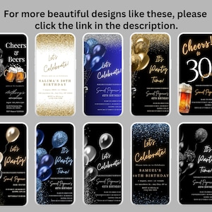 Op de afbeelding: Een set van tien digitale verjaardagsuitnodigingstemplates met verschillende ontwerpen met ballonnen, confetti en tekst. De tekst omvat "Cheers & Beers", "Let's Celebrate", "It's Party Time" en "Cheers to 30 Years".