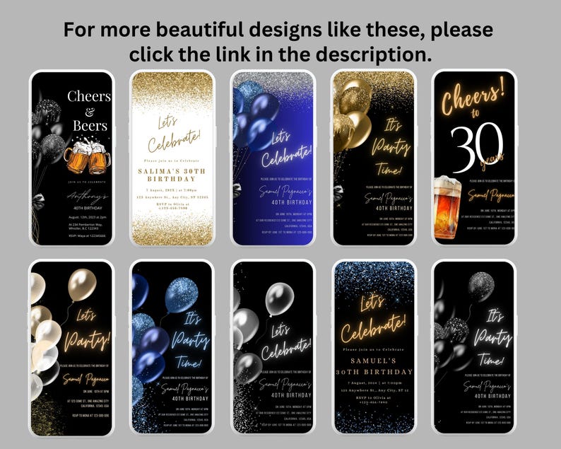 Op de afbeelding: Een set van tien digitale verjaardagsuitnodigingstemplates met verschillende ontwerpen met ballonnen, confetti en tekst. De tekst omvat "Cheers & Beers", "Let's Celebrate", "It's Party Time" en "Cheers to 30 Years".