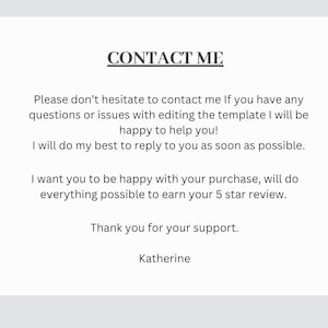 Puede incluir: Fondo blanco con el texto "CONTACT ME" en una fuente serif. Debajo, el texto proporciona informaci&oacute;n de contacto y un mensaje de agradecimiento, firmado por "Katherine".