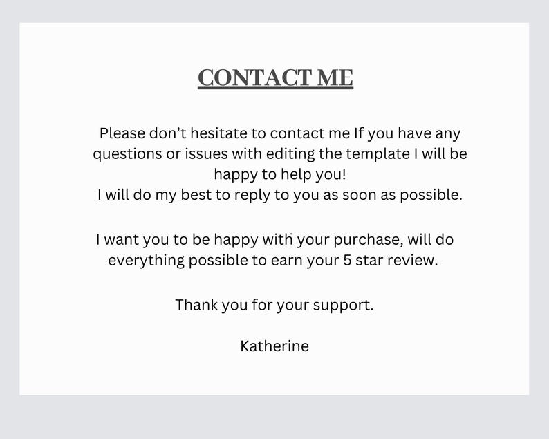 Puede incluir: Fondo blanco con el texto "CONTACT ME" en una fuente serif. Debajo, el texto proporciona informaci&oacute;n de contacto y un mensaje de agradecimiento, firmado por "Katherine".