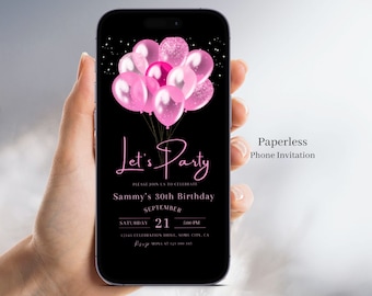 Let's Party Pink And Black Birthday Invitation, Digital Hot Pink Balloon Birthday Party Invite For Women,Text Message invites, Evite 130