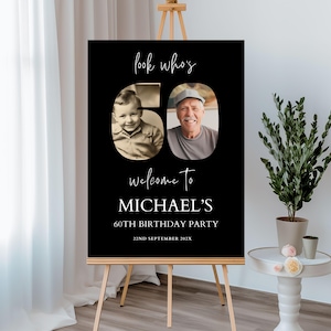 Placa de boas-vindas para aniversário de 60 anos masculino, modelo preto de boas-vindas, olha quem fez 60 anos, pôster de boas-vindas editável para homens, placa de jardim com foto de aniversário 126