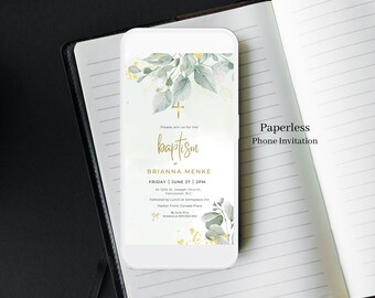 Greenery Baptism Invitation Template, Gold Accent, Phone Invite (Digital Download) - 55
