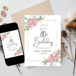 Pink Roses 80th Birthday Invitation Template (Digital)