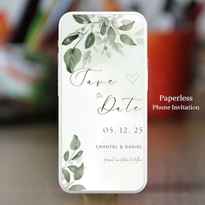 Electronic Save The Date Template, Simple Green Save The Date Wedding Invitation, Save The Date Canva, Watercolor Eucalyptus, Chantel