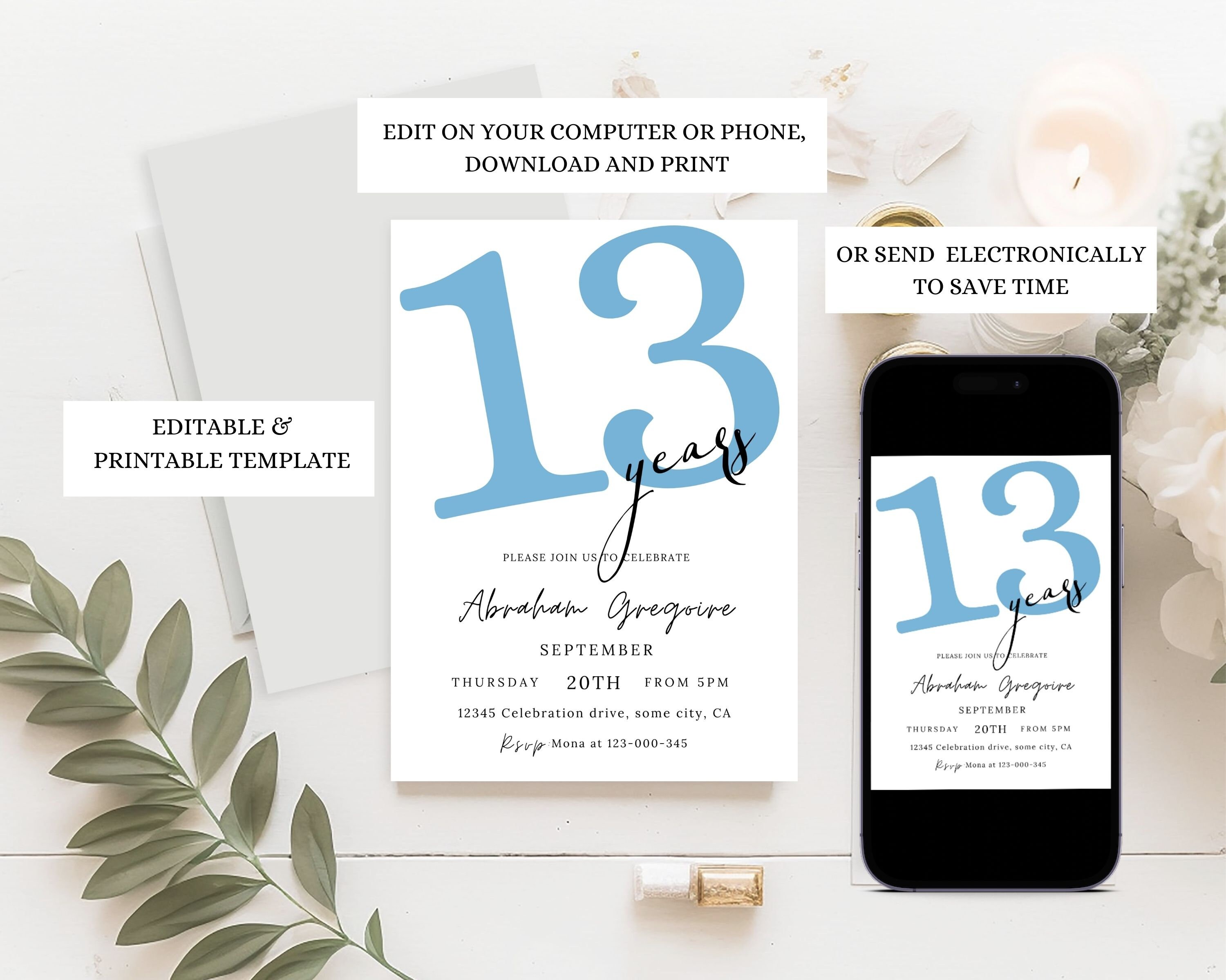 13th Birthday Invitation Boy, Printable 13th Birthday Invite for Him ...